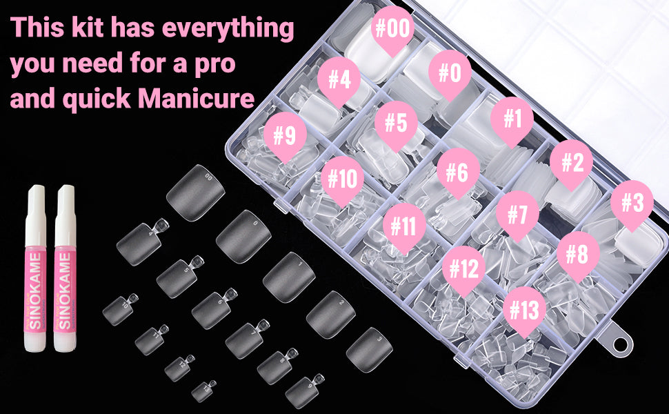SINOKAME Wider Long Square Toe Nail Tips Full Cover, No File Matte Toe Nail Press Ons Clear, Soak Off Fake Toenails Extensions DIY Home Manicure Kit for Women Men ,300 Pcs 15 Sizes