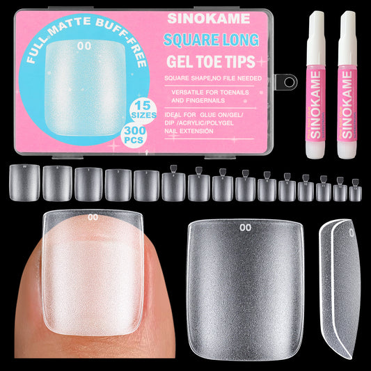 SINOKAME Wider Long Square Toe Nail Tips Full Cover,  No File Matte Toe Nail Press Ons Clear, Soak Off Fake Toenails Extensions DIY Home Manicure Kit for Women Men ,300 Pcs 15 Sizes